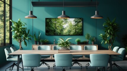 A green minimalist indoor conference room