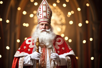 Saint Nicholas or Sinterklaas portrait. Christmas season. Dutch and Belgian Christmas holiday traditions - obrazy, fototapety, plakaty