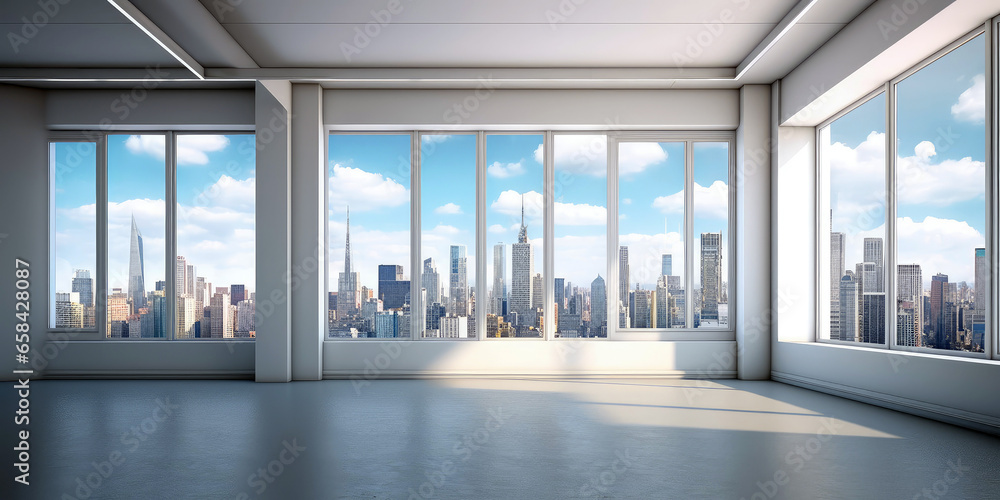Poster empty interior view of modern metropolis through the window