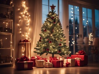 Fototapeta na wymiar illuminated decorative Christmas tree and gift boxes inside the house