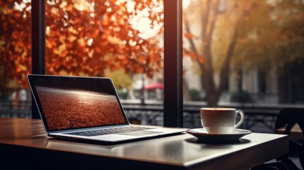 Fototapeta premium Laptop and coffee cup on table in coffee shop with autumn leaves background