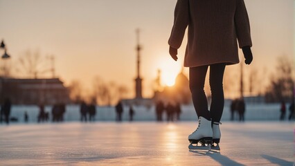 A beautiful woman ice skating on ice rink in winter at sunset - obrazy, fototapety, plakaty