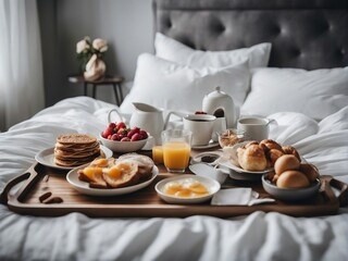 Fototapeta na wymiar breakfast tray in bed with white sheets. fresh drinks, omelette and fruit. 