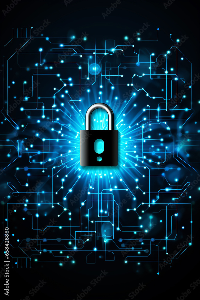 Poster cyber security concept. lock symbol from lines and triangles, point connecting network on blue backg