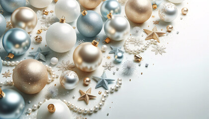Pristine white Christmas background. Elegantly placed on the surface are shimmering Christmas balls in varying sizes, all in shades