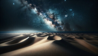 Starry night sky over a vast desert. The Milky Way is prominently displayed, with countless stars twinkling brightly