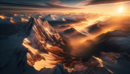 Majestic mountaintop view during sunrise. The first light of day bathes snow-capped peaks in a warm golden glow