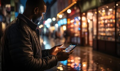 A man is standing on the street with a mobile phone
