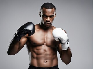 portrait of a young American black boxer with mucular body, looking angry and wearing red color boxing gloves. isolated white background