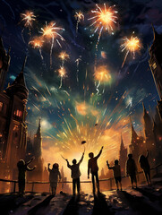 A Surreal Illustration of Friends Setting Off Fireworks in Celebration - obrazy, fototapety, plakaty
