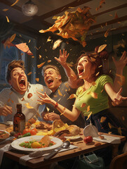 A Surreal Illustration of Friends Sharing a Playful Food Fight in the Kitchen
