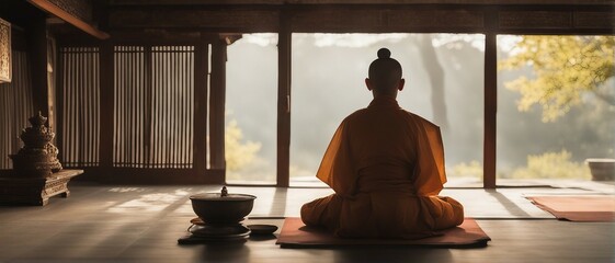 Buddhist person meditating in traditional attire.
