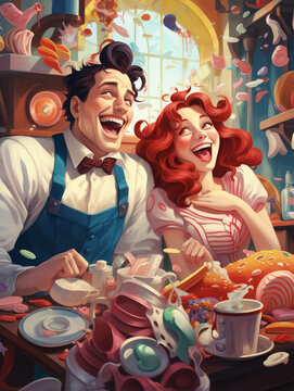 A Surreal Illustration of Friends Laughing as They Do the Dishes Together Post Feast