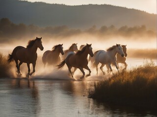 A wild herd of natural horses crossing the river, golden hour - obrazy, fototapety, plakaty