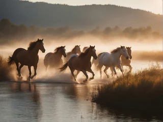 Fotobehang A wild herd of natural horses crossing the river, golden hour © abu
