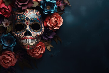 Colorful skulls and flowers over dark background with copy space