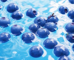 A bunch of blueberries floating in a pool of water. Generative AI.
