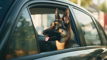 A vigilant German Shepherd enjoying the breeze, gazing from the passenger side window of a moving car. Generative AI. - obrazy, fototapety, plakaty