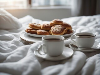 Fototapeta na wymiar tiny breakfast tray on the bed. orange juice, omelette, coffee, pancakes, blueberries etc.