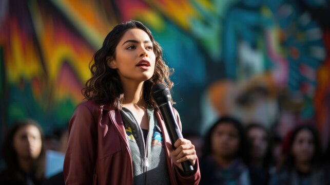An impassioned young Indian-American woman captivating an audience with her microphone. Generative AI.