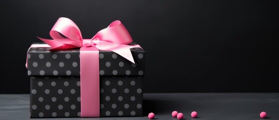 Box of pink gift and pink ribbon on the grey background. valentines day, birthday, black friday shopping sale.