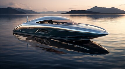 A seafaring yacht with a chrome exterior against an isolated backdrop, adding a touch of modern...