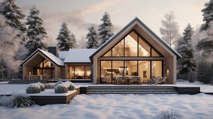 A Scandinavian-inspired luxury home featuring sleek design, a neutral color palette, and a snow-covered yard.