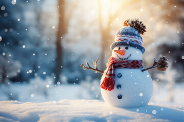 Cheerful little snowman in hat and scarf outdoors on winter day - obrazy, fototapety, plakaty