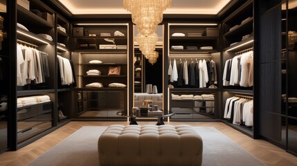 A spacious walk-in closet lined with designer clothes, shoes, and handbags, subtly illuminated for a soft and luxurious feel. Leave the bottom open for a logo or slogan. - obrazy, fototapety, plakaty