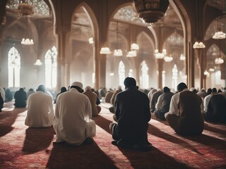 Muslims worshiping in the mosque, back view - obrazy, fototapety, plakaty