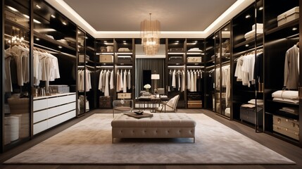 A spacious walk-in closet lined with designer clothes, shoes, and handbags, subtly illuminated for a soft and luxurious feel.