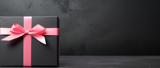 Black gift box with red bow and ribbon on black background, black friday shopping sale.