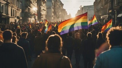 Among the streets, hundreds of people march with LGBTQ flags in the pride parade.

 - obrazy, fototapety, plakaty