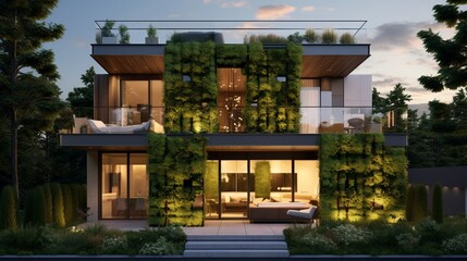 A stunning modern home with a green living wall and a zen garden.