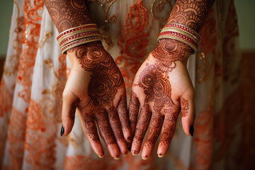 Indian bride showing hands with henna decoration on her wedding day