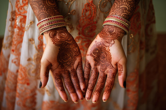 Indian bride showing hands with henna decoration on her wedding day