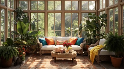 A tropical-themed sunroom with exotic plants, rattan furniture, and colorful textiles, offering views of a private garden. - obrazy, fototapety, plakaty