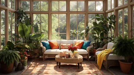 Foto op Canvas A tropical-themed sunroom with exotic plants, rattan furniture, and colorful textiles, offering views of a private garden. © ZUBI CREATIONS