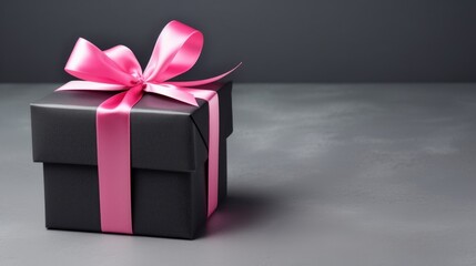 Black gift box with ribbon bow, black friday shopping sale.