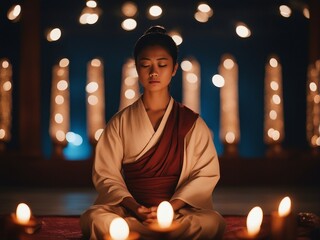 Buddhist person, meditating, traditional clothes