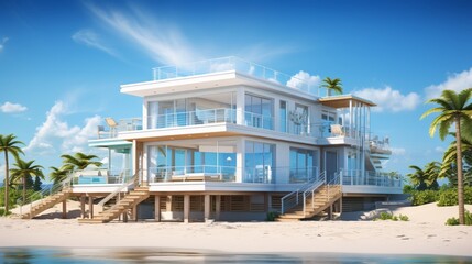 A two-story luxury beach house with wrap-around balconies offering panoramic ocean views, set against a clear blue sky.