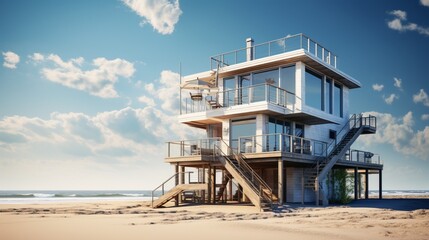 A two-story luxury beach house with wrap-around balconies offering panoramic ocean views, set against a clear blue sky. Leave the top-right corner open for branding.