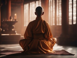 Buddhist person, meditating, traditional clothes