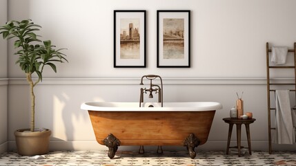 A vintage-style bathroom with a clawfoot tub and patterned tile flooring, featuring an empty wall above a vintage wooden cabinet for a wall mockup. Keep the bottom-left corner free for text. - obrazy, fototapety, plakaty