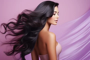 Rolgordijnen Beautiful brunette girl with long hair blowing in the wind, on a purple background © angelo sarnacchiaro