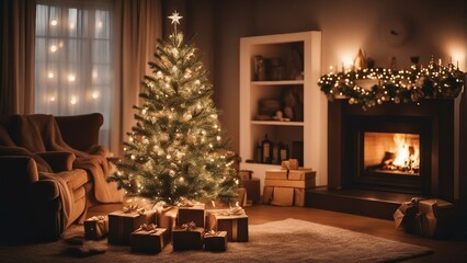 decorative Christmas tree illuminated with lights by the fireplace and gift boxes inside the house