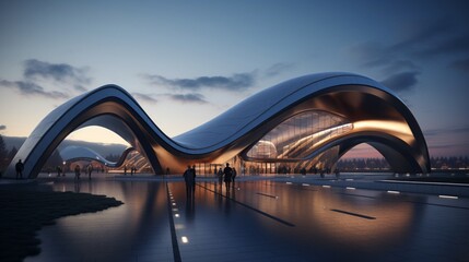 An airport entrance with a maglev-inspired archway. The exterior arch combines magnetic levitation...