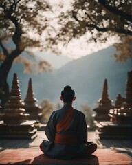 Buddhist person, meditating, traditional clothes