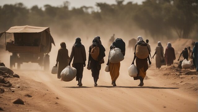 refugees moving with their belongings on a dusty dirt road at sunset