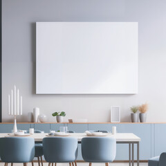 Mock up poster frame in modern interior, home decor, interior design, interior space, dining room, Minimalist style, Light Blue